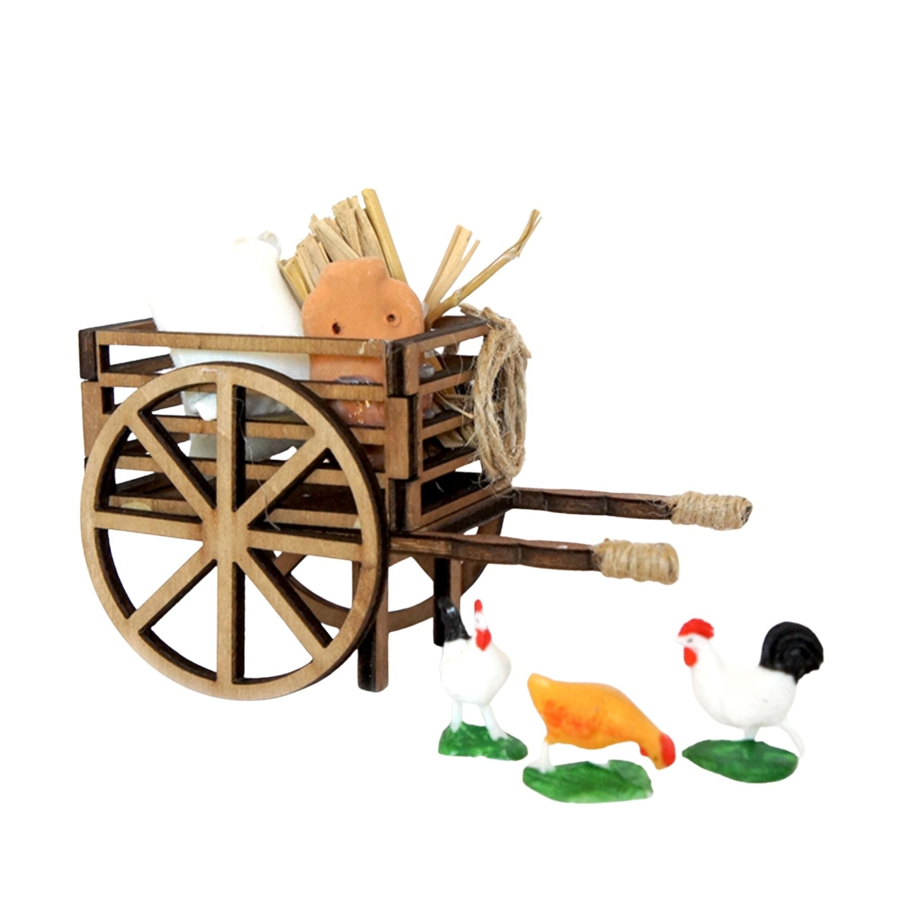 Belenes Artesanos - Carro de madera con cerámica, saco y gallinas
