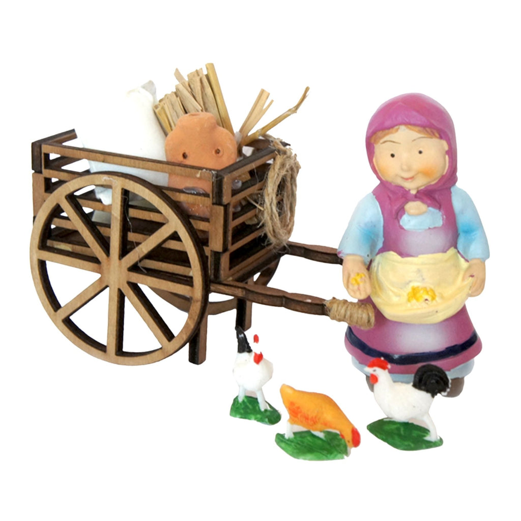 Belenes Artesanos - Carro de madera con cerámica, saco y gallinas