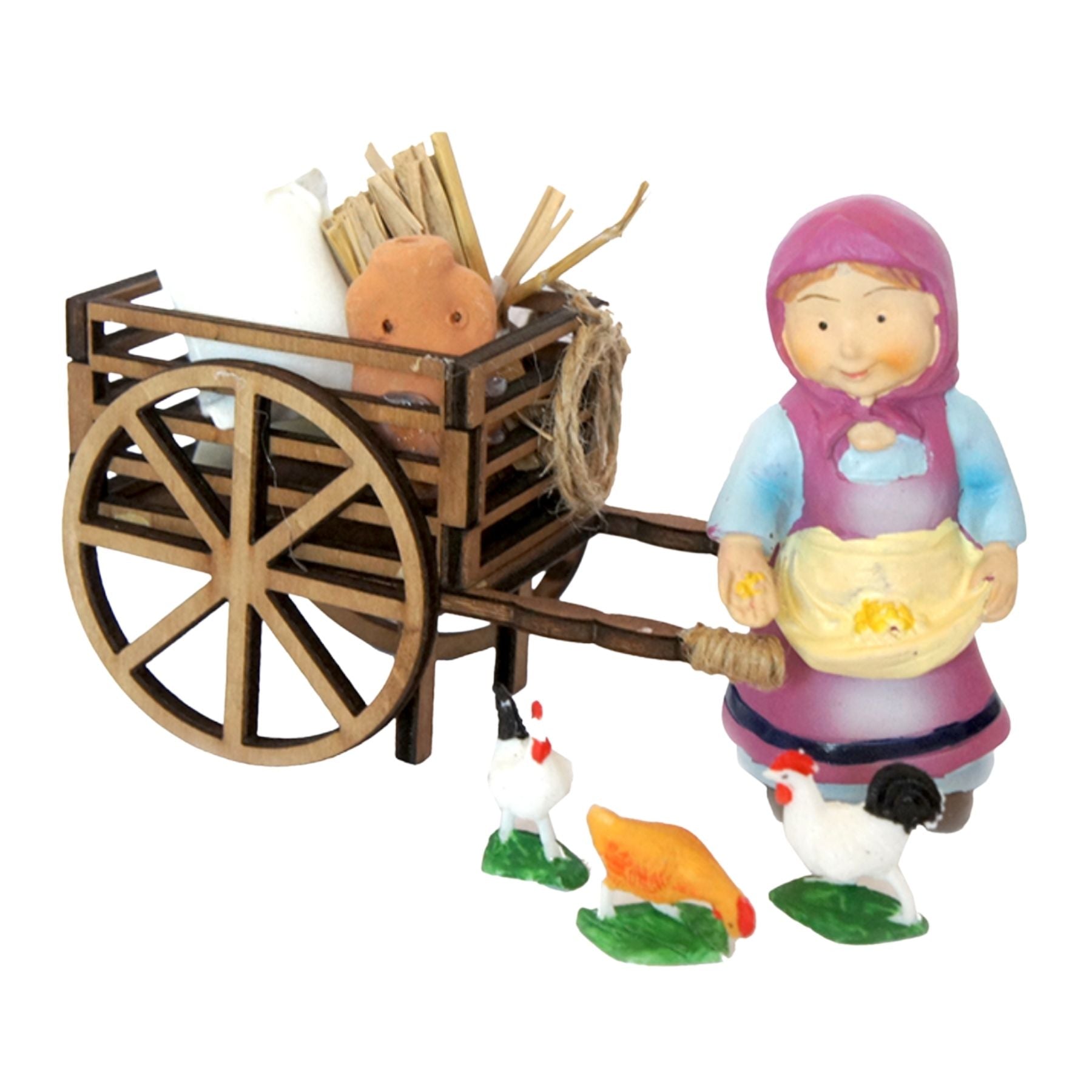 Belenes Artesanos - Carro de madera con cerámica, saco y gallinas