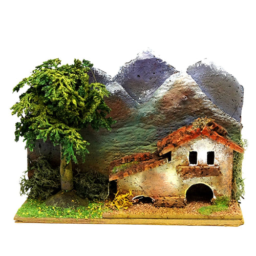 Belenes Artesanos - Casa con árbol y montaña