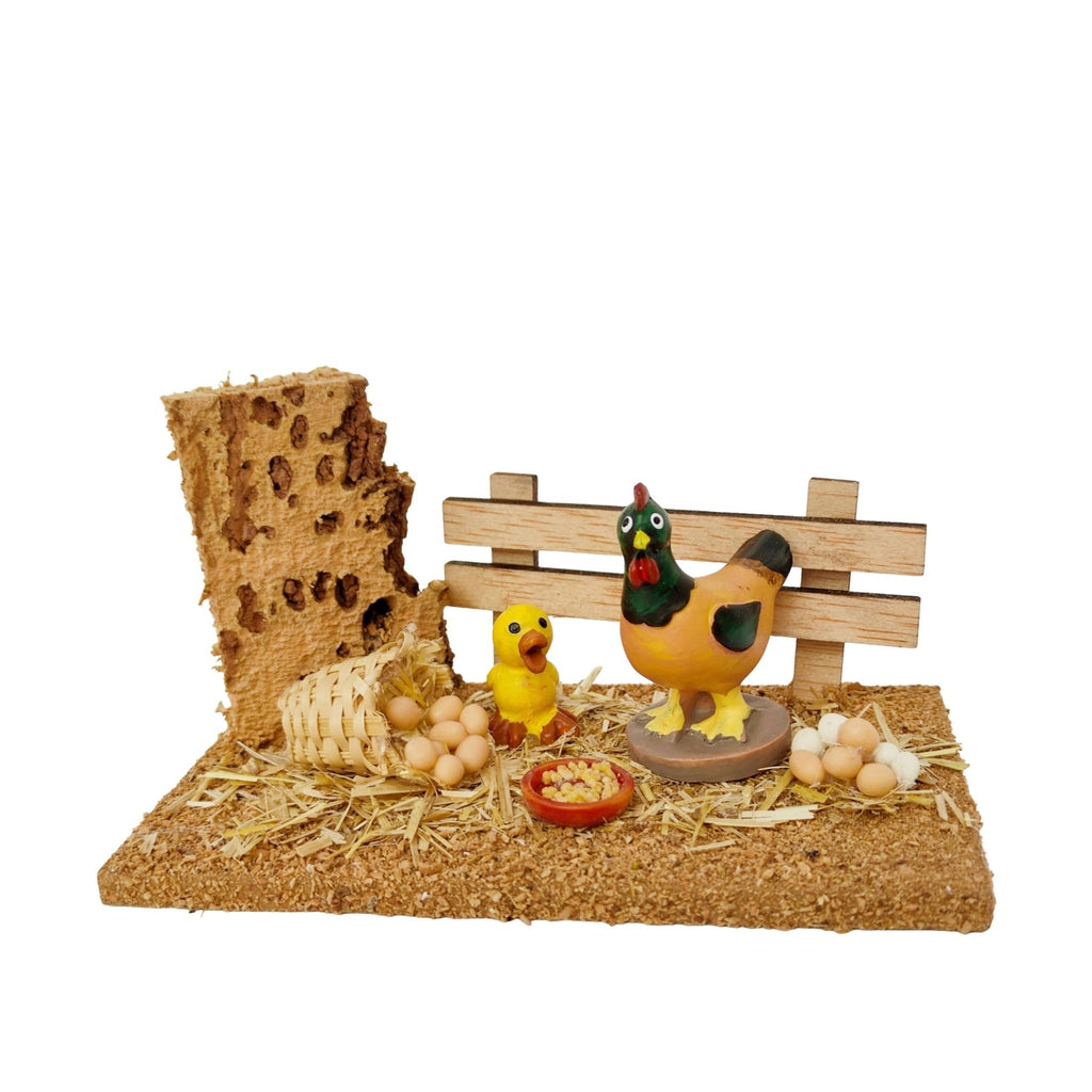 Belenes Artesanos - Corral con gallina y pollito (animales Naïf de Oliver)
