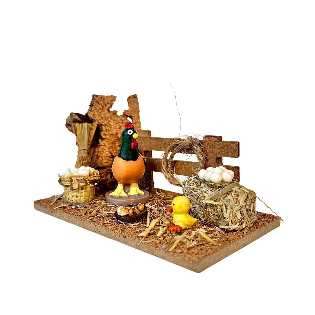 Belenes Artesanos - Corral con gallina y pollito (animales Naïf de Oliver)