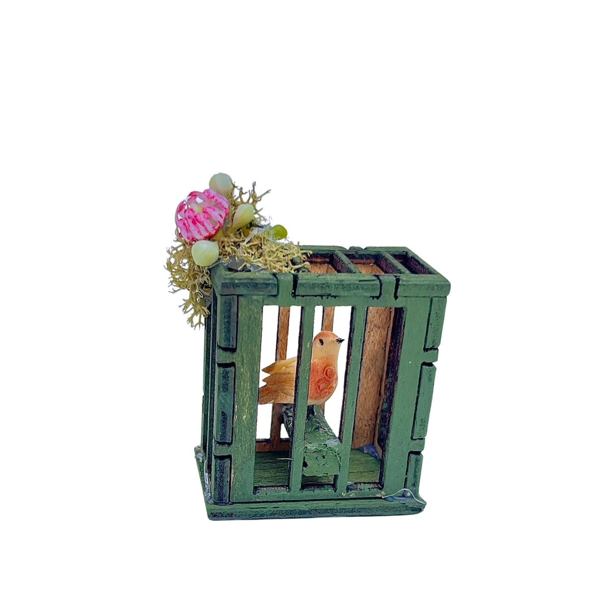 Belenes Artesanos - Jaula de madera con pájaro y flores