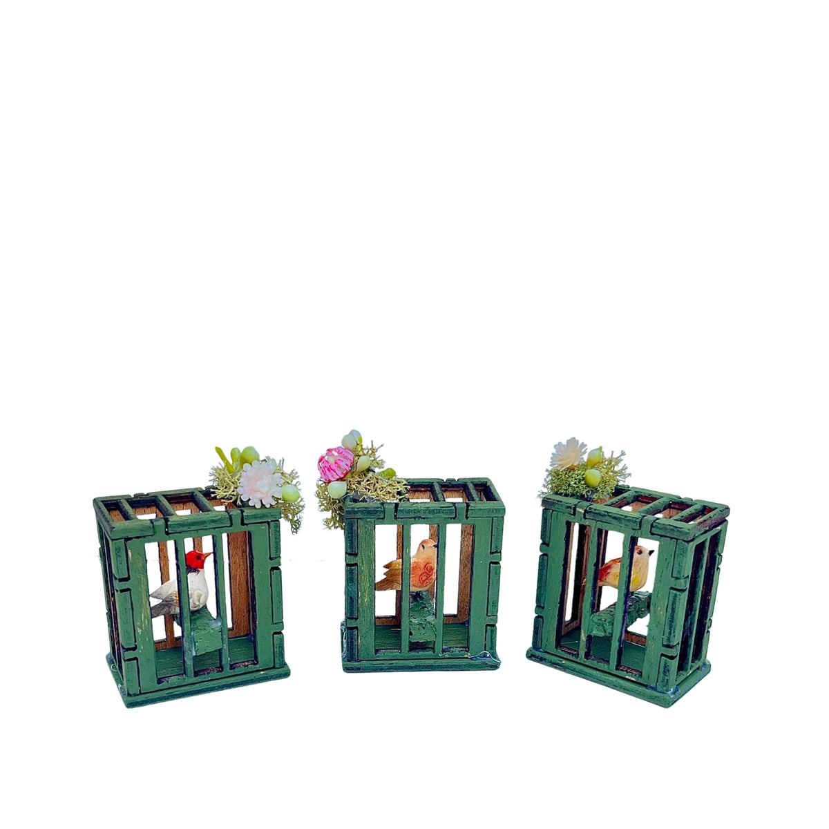 Belenes Artesanos - Jaula de madera con pájaro y flores