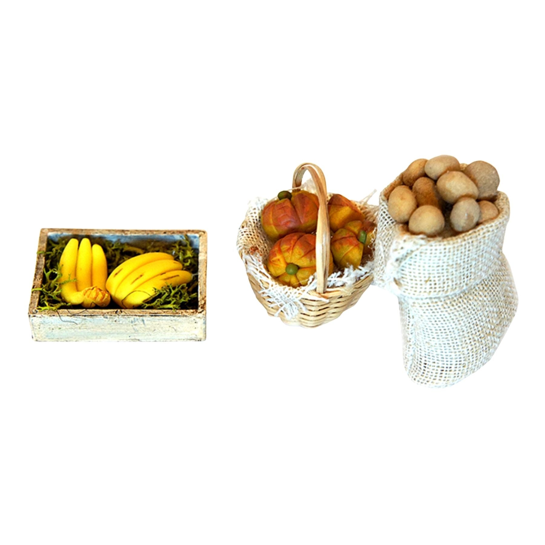Pack de caja, cesta y saco con frutas y verduras