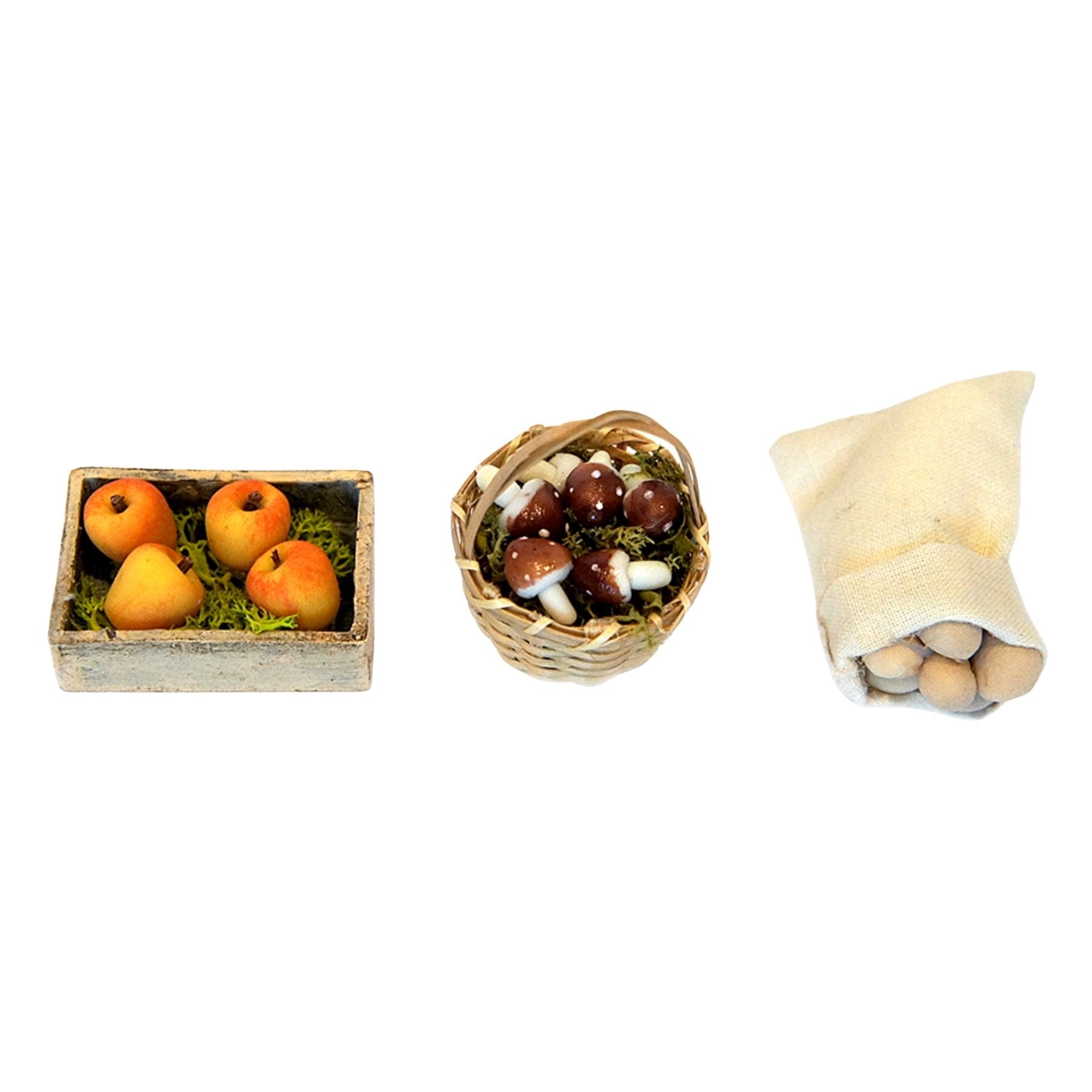 Pack de caja, cesta y saco con frutas y verduras