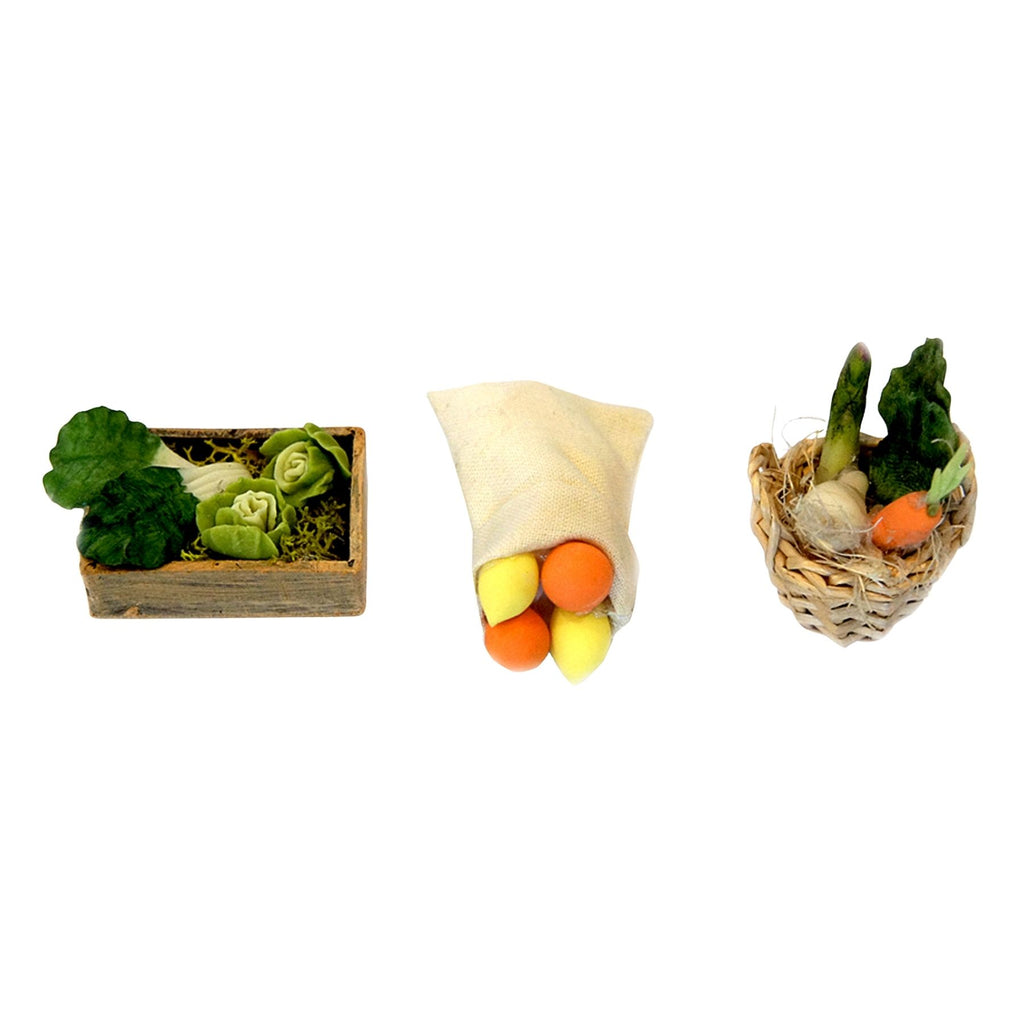 Pack de caja, cesta y saco con frutas y verduras