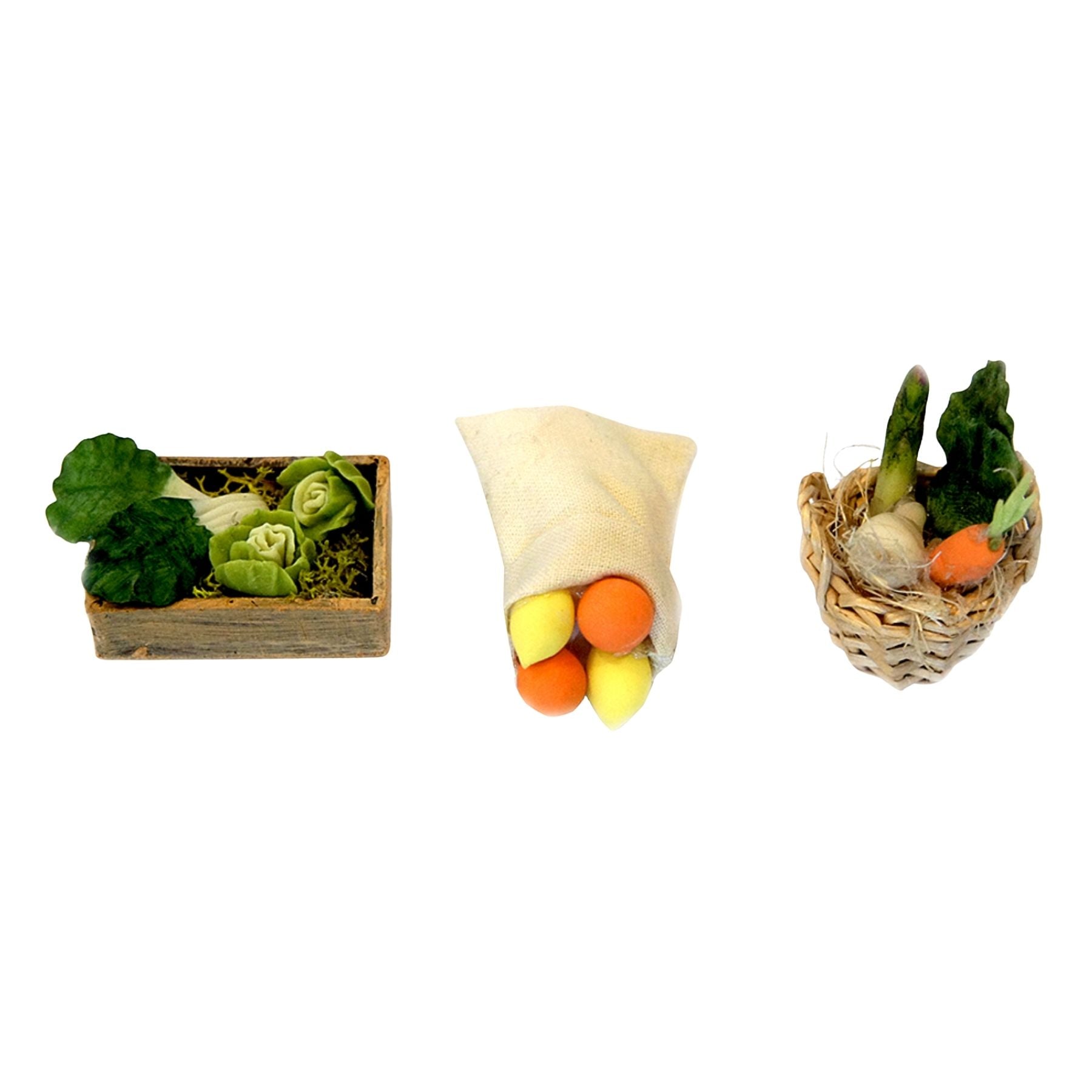 Pack de caja, cesta y saco con frutas y verduras