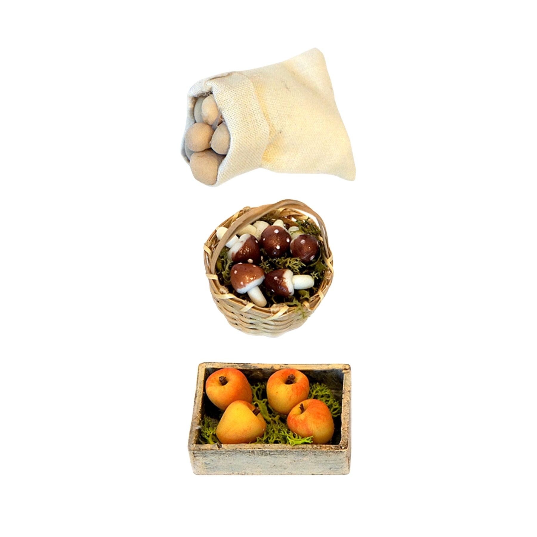 Pack de caja, cesta y saco con frutas y verduras